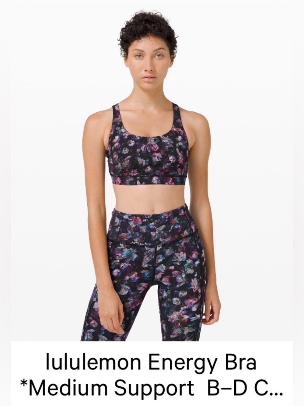 Set- lululemon athletica Energy Bra + crop leggings in Black Floral Print. 10/12